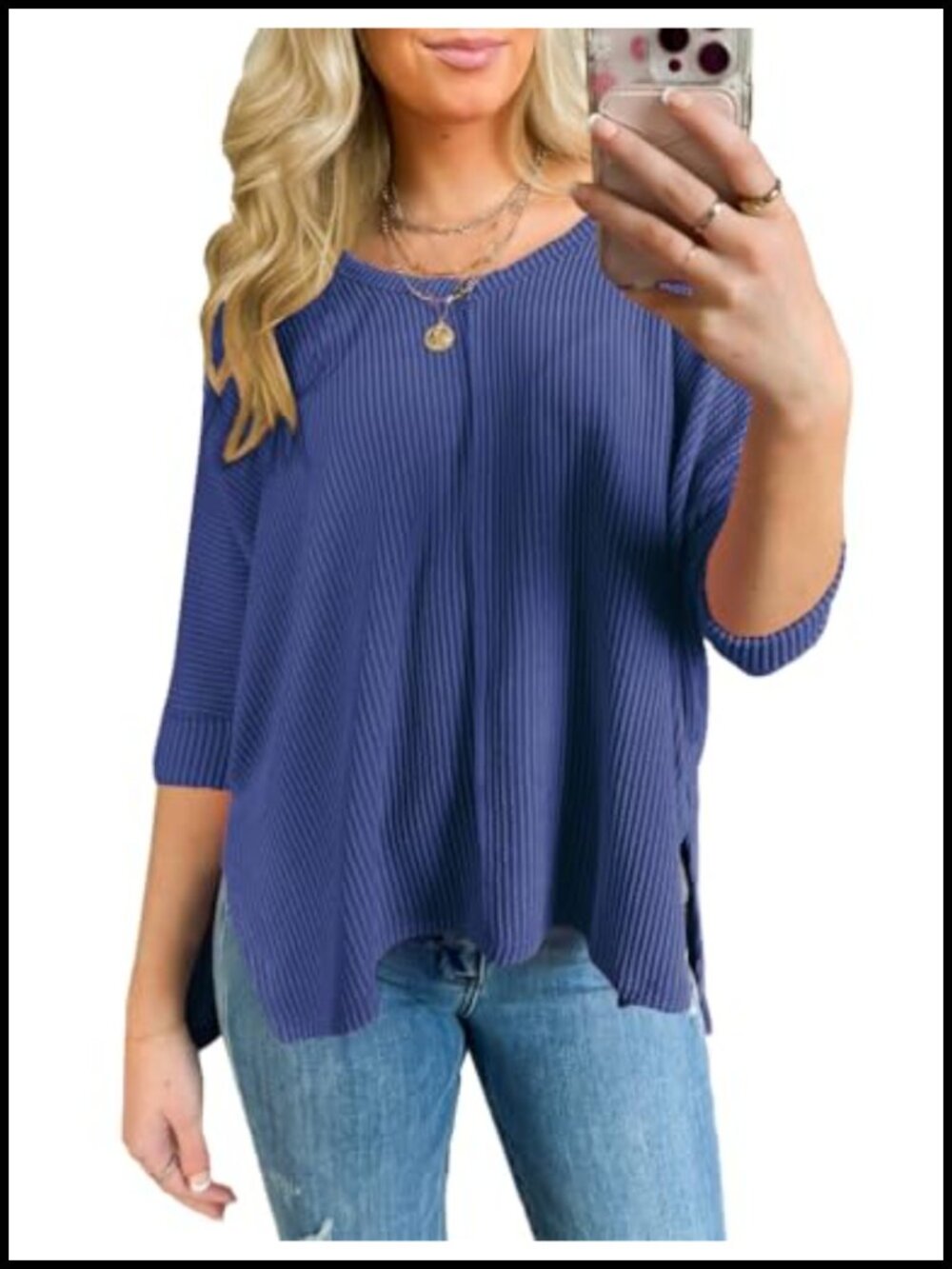 Womens Oversized Tunic Top Ribbed Batwing 3/4 Sleeve Casual Corded Textured